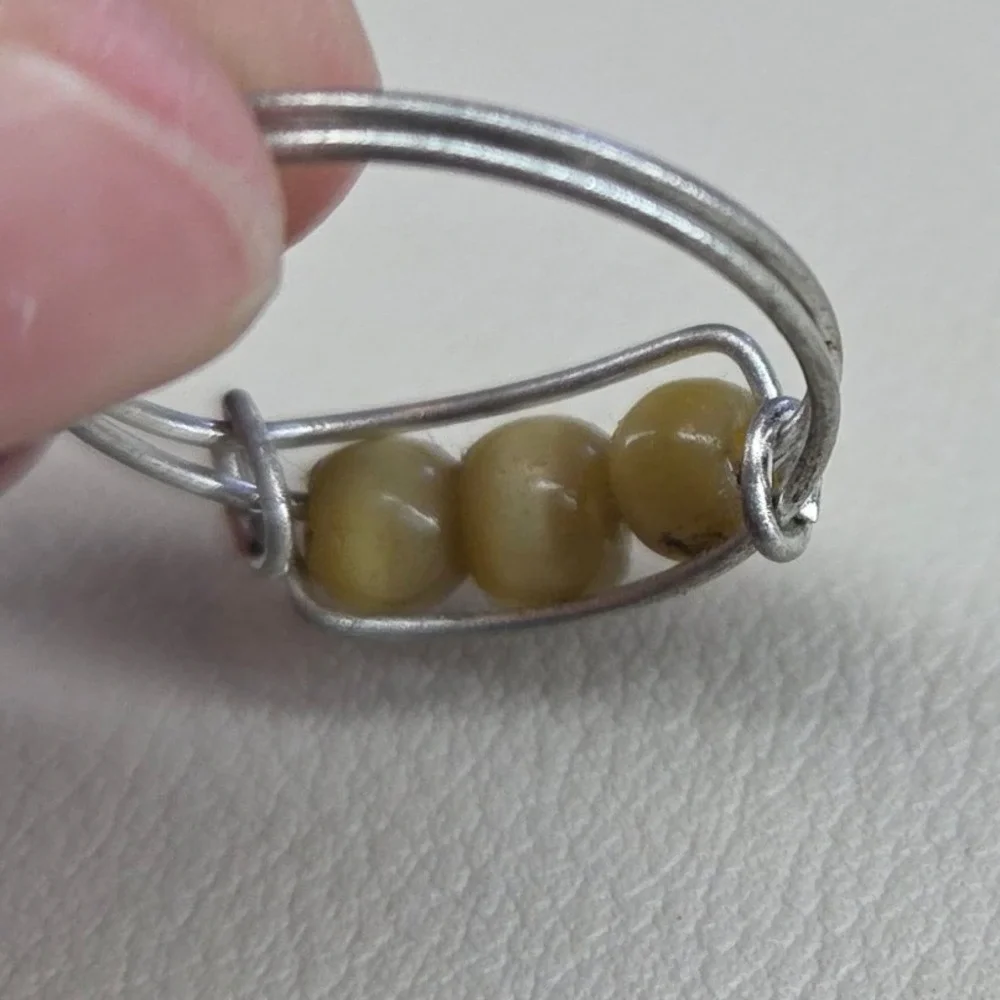 Handmade Wire Wrapped Ring Silver Tone Yellow Cat Eye Beads‎ Size 7.5 Boho